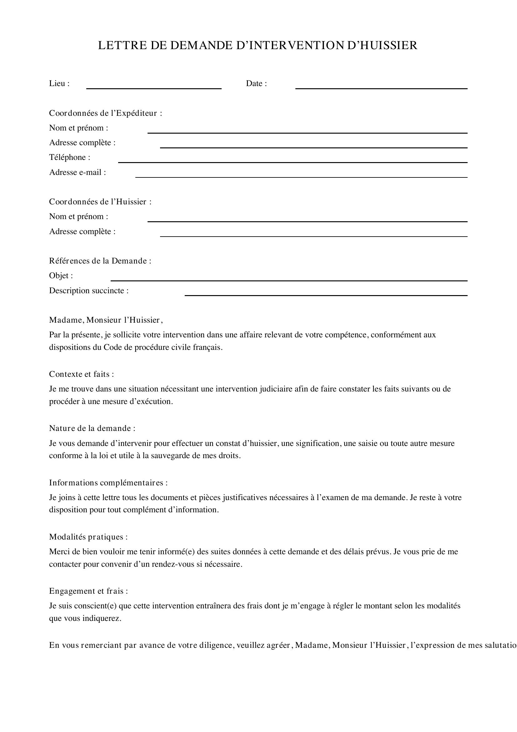 Modèle Lettre Demande Intervention Huissier