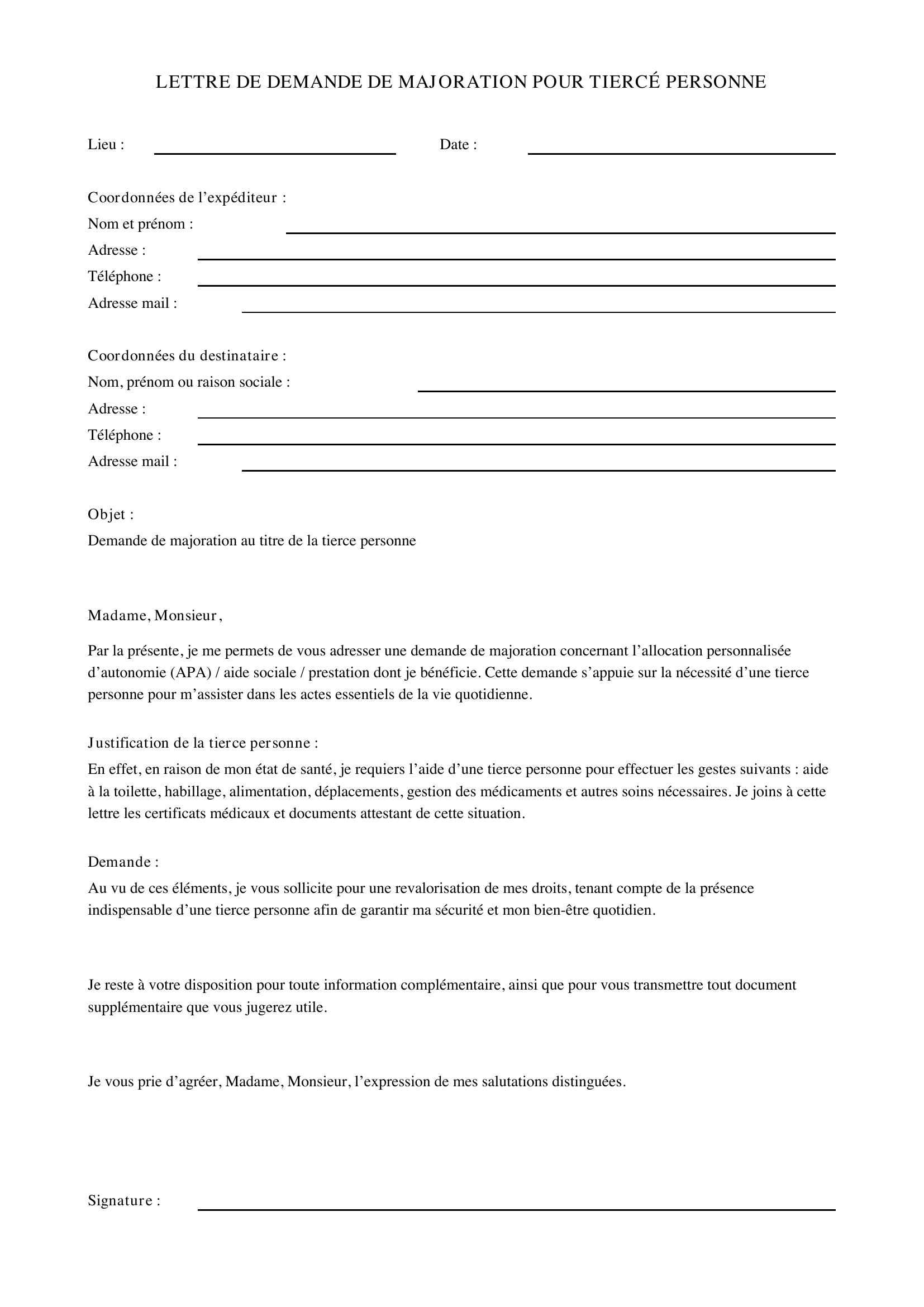Modèle Lettre Demande Majoration Tierce Personne