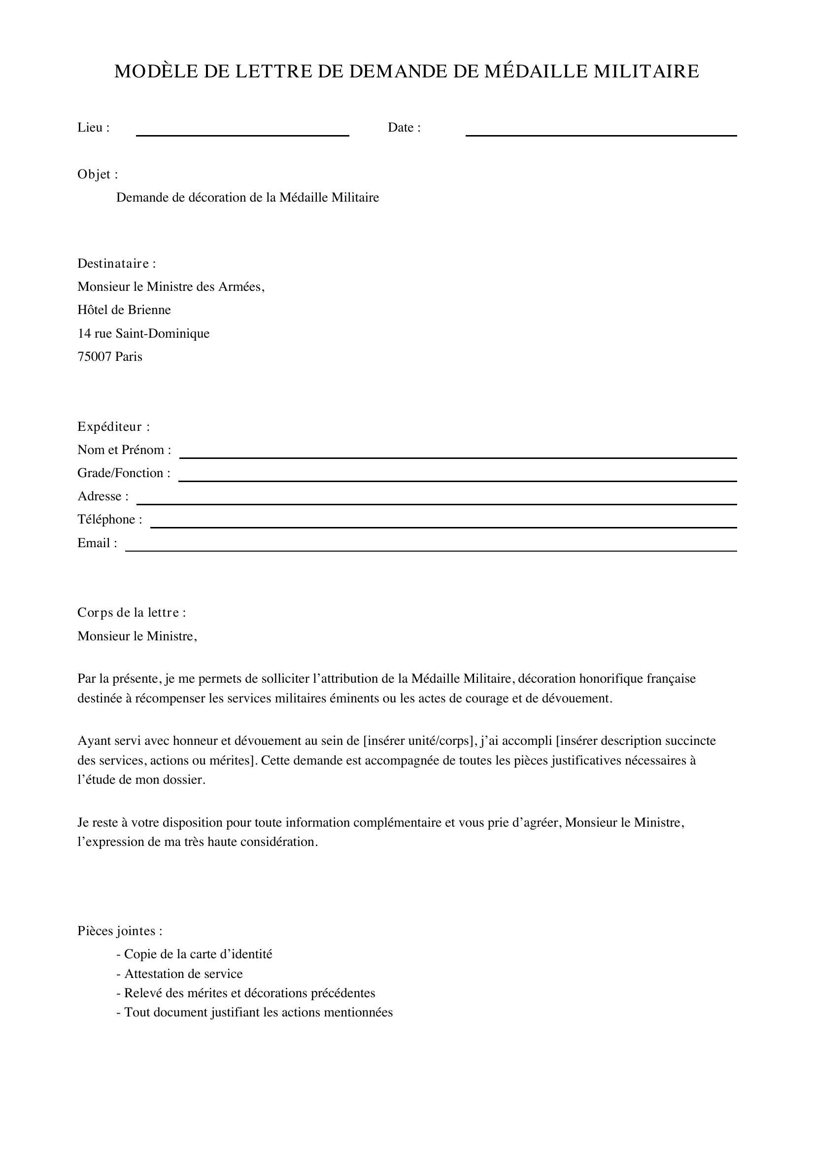 Modèle Lettre Demande Médaille Militaire