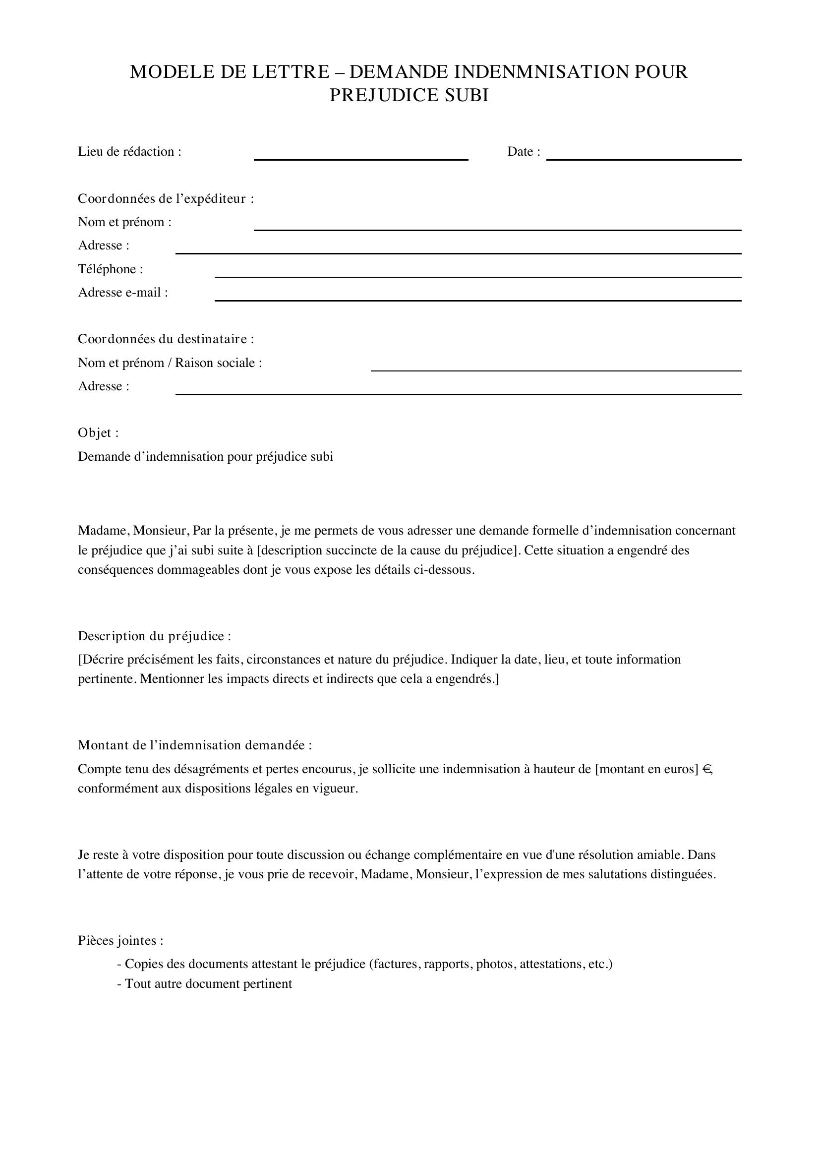 Modèle Lettre Demande Pour Préjudice Subi