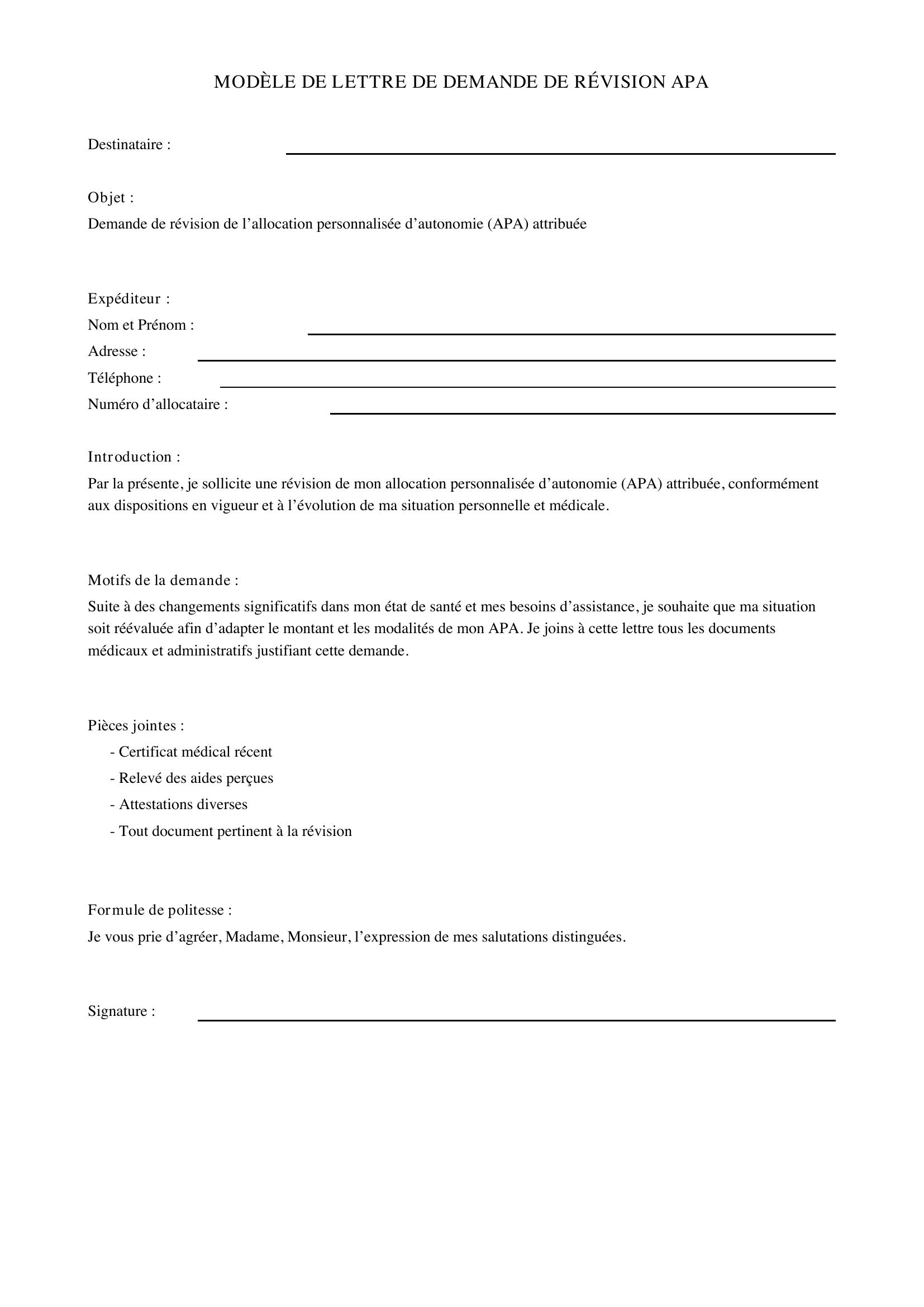 Modèle Lettre Demande Révision Apa
