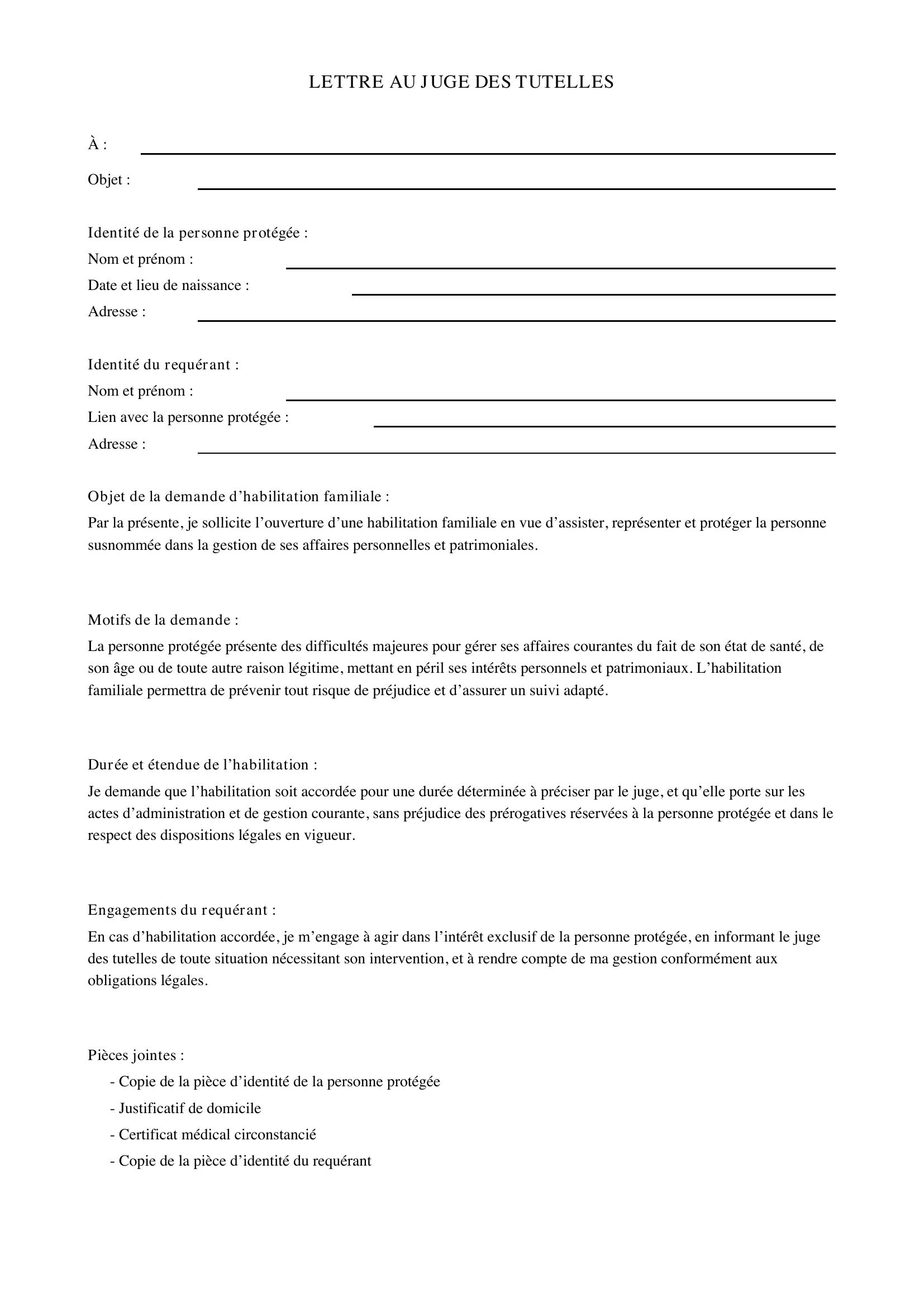 Modèle Lettre Juge Tutelle Habilitation Familiale