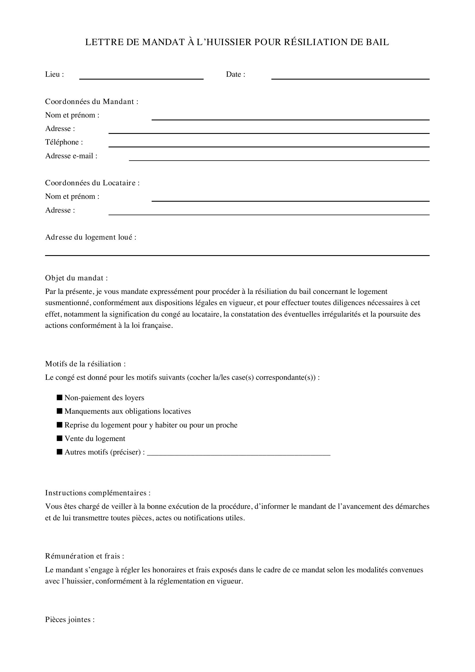 Modèle Lettre Mandat Huissier Résiliation Bail