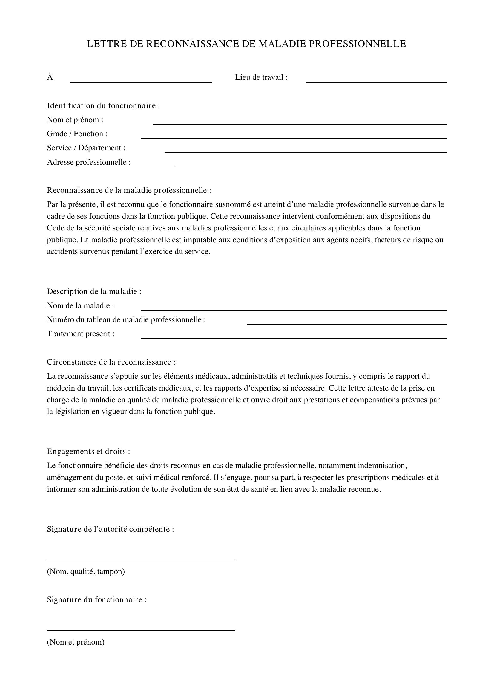 Modèle Lettre Reconnaissance Maladie Professionnelle Fonction Publique