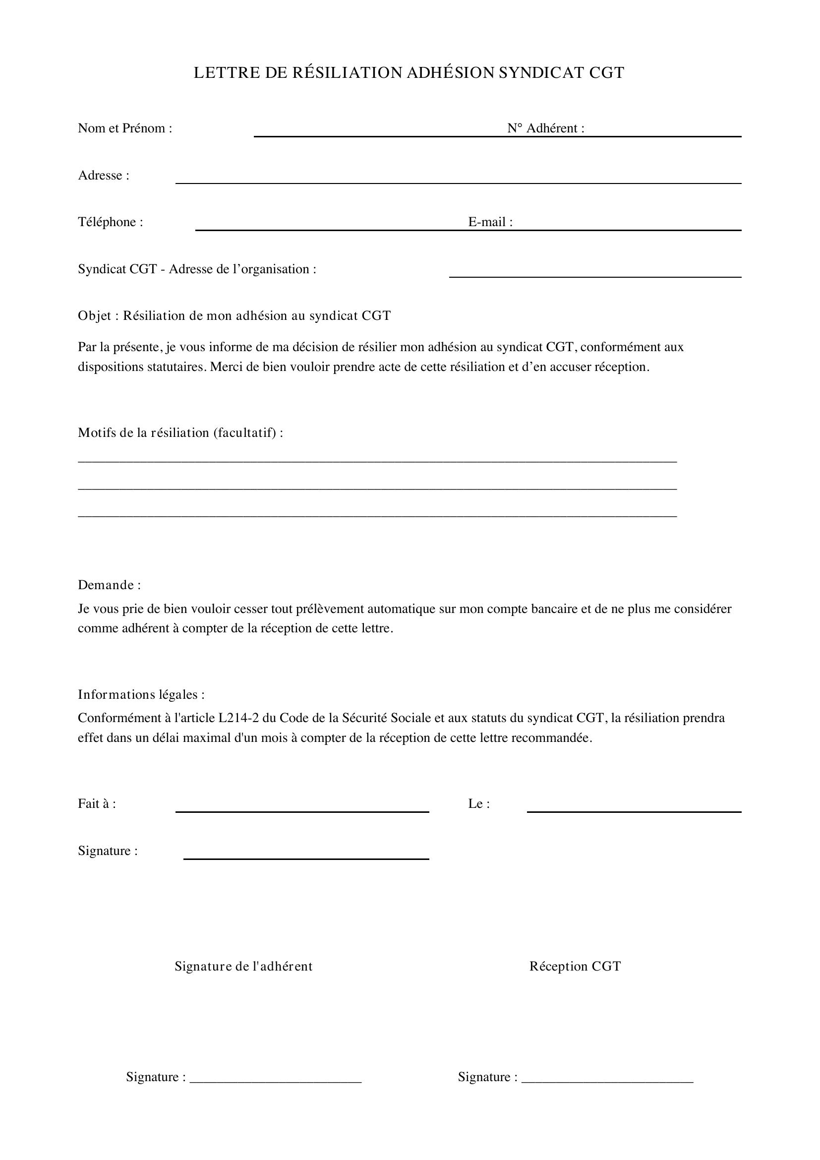 Modèle Lettre Résiliation Syndicat Cgt