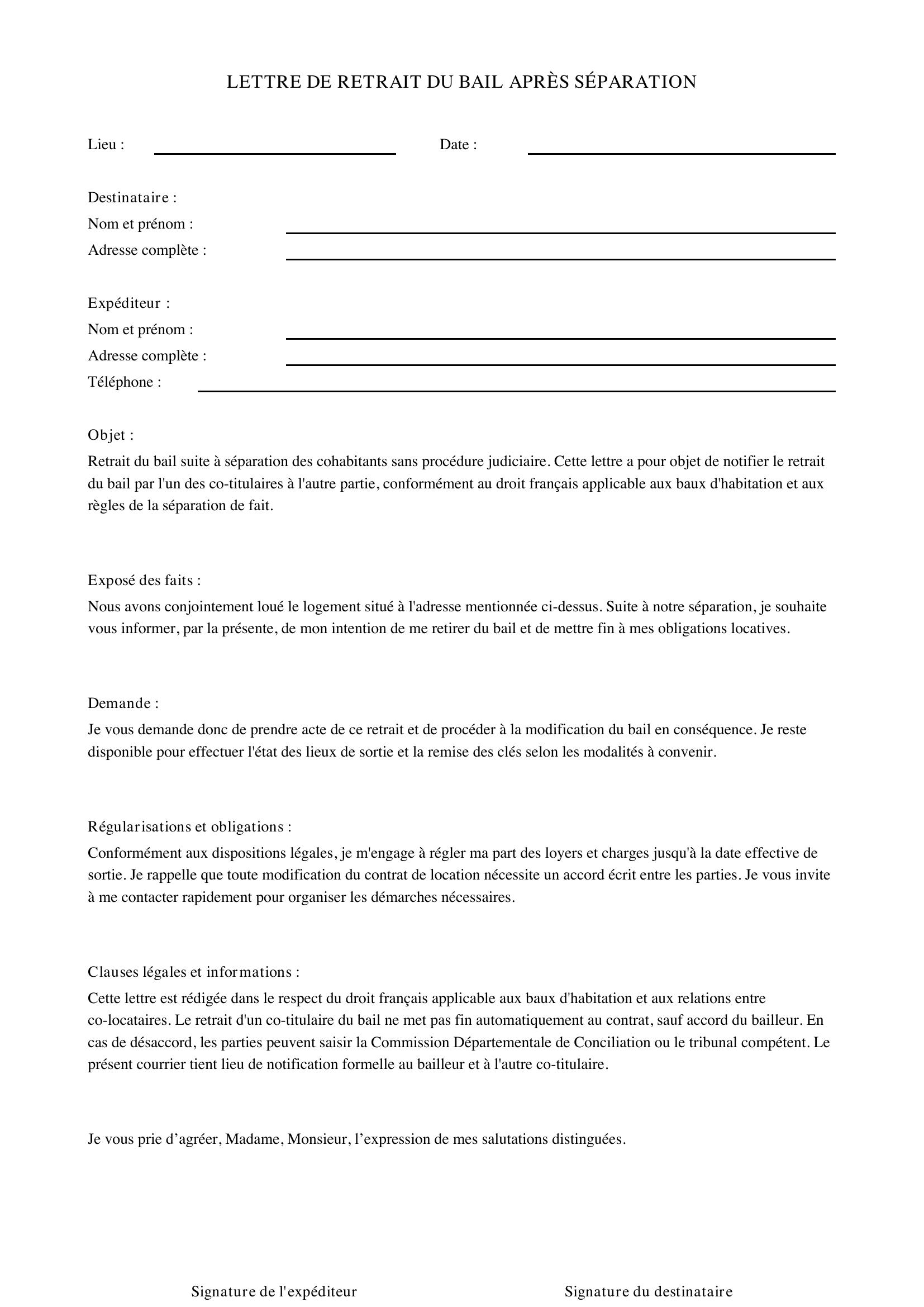 Se Retirer D'Un Bail Après Séparation Modèle Lettre